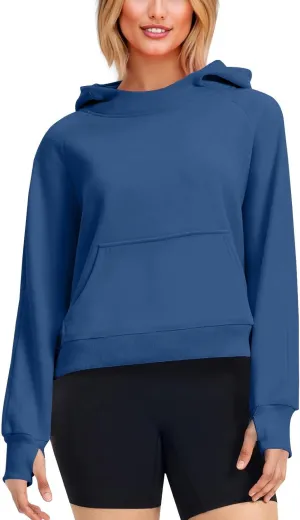 Cropped Hoodie Women Y2k Long Sleeve Fleece Pullover Casual Comfy Hooded Sweatshirt with Thumb Hole 2024 Fall Trendy