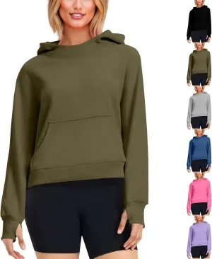 Cropped Hoodie Women Y2k Long Sleeve Fleece Pullover Casual Comfy Hooded Sweatshirt with Thumb Hole 2024 Fall Trendy