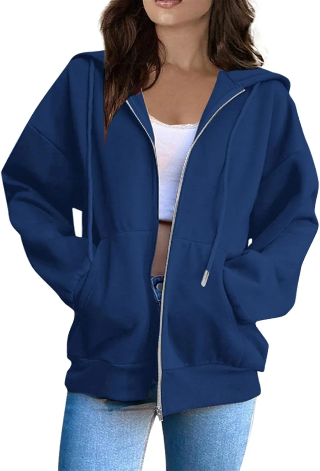 Cropped Zip Up Hoodie Women Fleece Lined Drawstring Solid Color Hoodies Pullover Comfort Oversized Tunic Sweatshirt