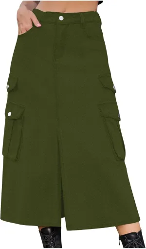 Denim Skirt for Women Flap Pockets A-Line Jean Skirts Front Slit Slim Pencil Denim Skirts Casual Bodycon Skirt Y2k