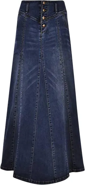 Denim Skirts for Women High Waisted Vintage Button Front A-Line Maxi Length Skirt with Raw Hem and Stretch Fabric