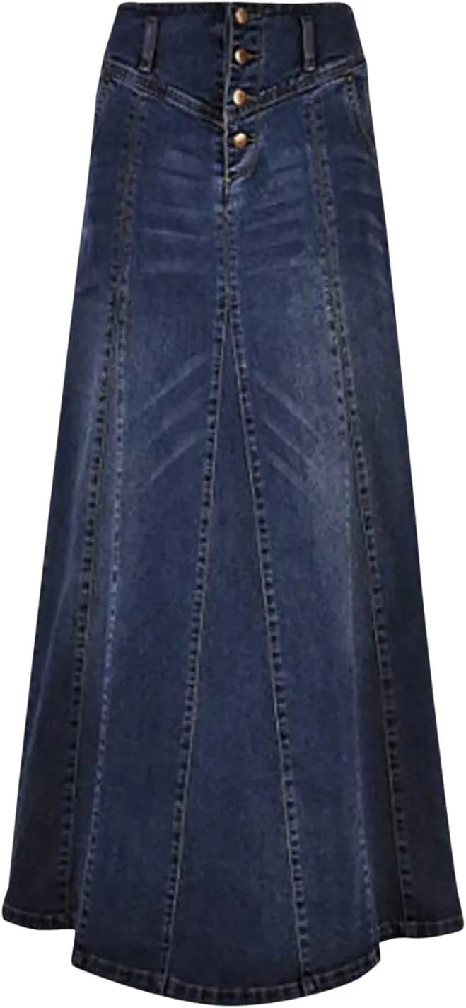 Denim Skirts for Women High Waisted Vintage Button Front A-Line Maxi Length Skirt with Raw Hem and Stretch Fabric
