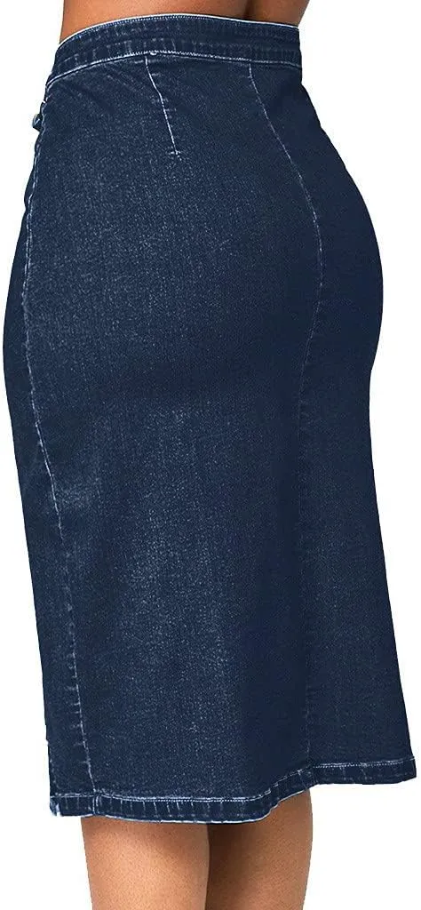 Denim Skirts for Women's Casual Trendy Distressed A-Line Short Skirt Button Front Slit Mini Jean Skirt with Pocket