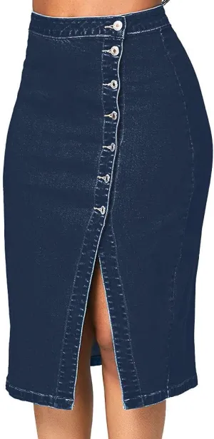 Denim Skirts for Women's Casual Trendy Distressed A-Line Short Skirt Button Front Slit Mini Jean Skirt with Pocket