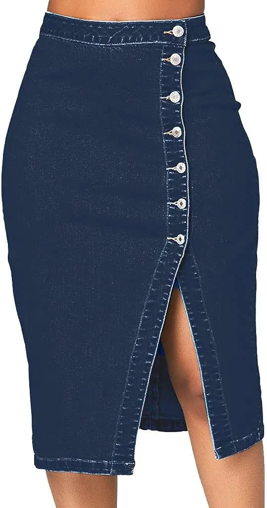 Denim Skirts for Women's Casual Trendy Distressed A-Line Short Skirt Button Front Slit Mini Jean Skirt with Pocket