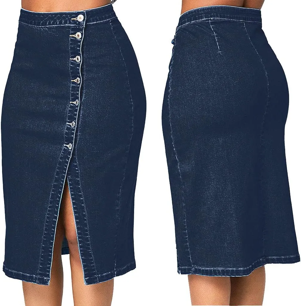 Denim Skirts for Women's Casual Trendy Distressed A-Line Short Skirt Button Front Slit Mini Jean Skirt with Pocket