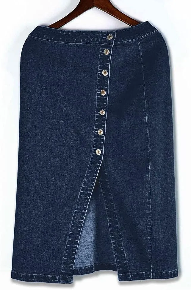 Denim Skirts for Women's Casual Trendy Distressed A-Line Short Skirt Button Front Slit Mini Jean Skirt with Pocket
