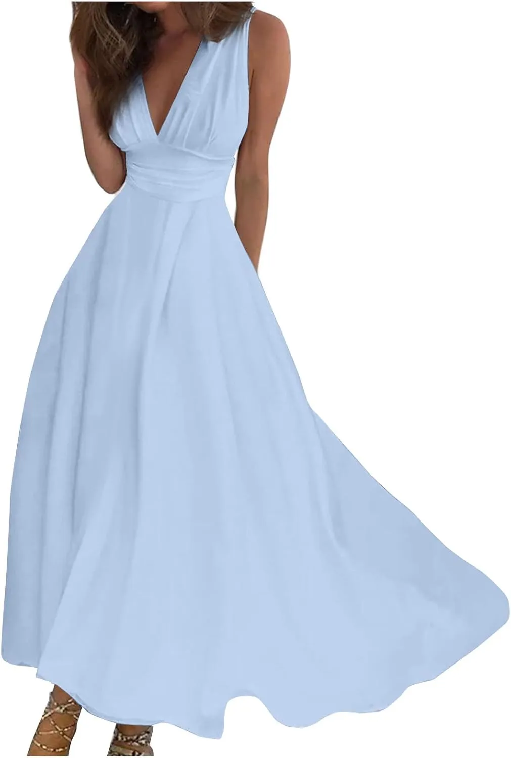 Dresses for Women 2024 Flowy Ruched Wrap V Neck Boho Dress Floral Print Sleeveless Maxi Dress Flowy Beach Dresses
