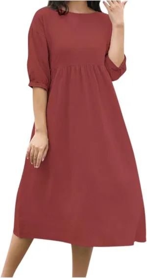 Dresses for Women 2025 Summer Cotton Linen Solid Color Dress Loose Casual Beach Vacation Flowy Midi Dress