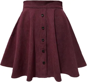 ebossy Women's Pleated High Waist Button Front Short Skirts A-line Flared Casual Mini Corduroy Skater Skirts