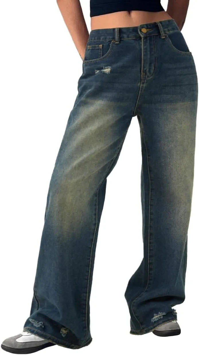 EMMIOL Womens Baggy Jeans Wide Leg Mid-Low Rise Boyfriend Loose Denim Pants Y2K 90S Outfits