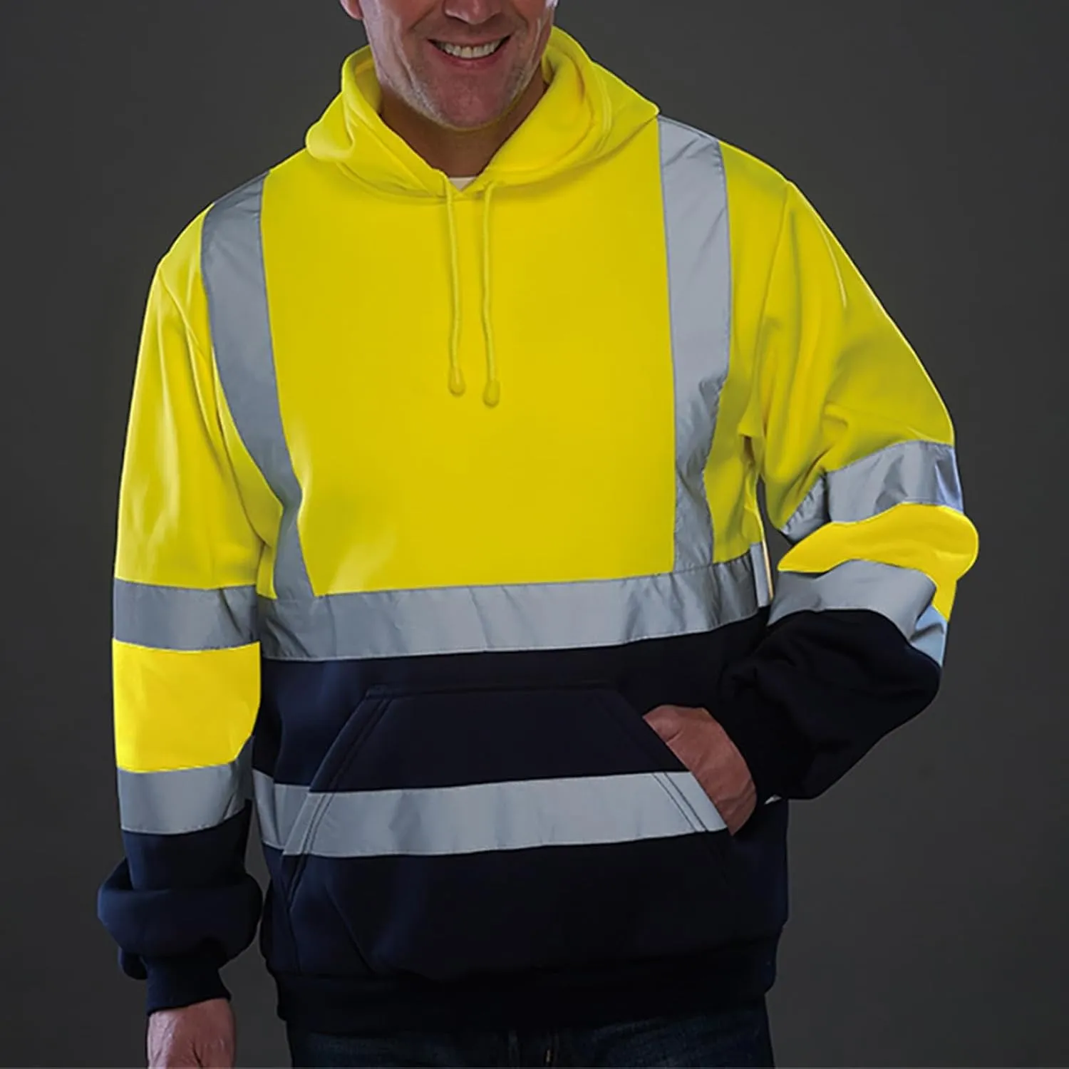 evzosrz Mens High Visibility Safety Sweatshirts Reflective High Vis Construction Work Fall Winter Hoodies with Pocket
