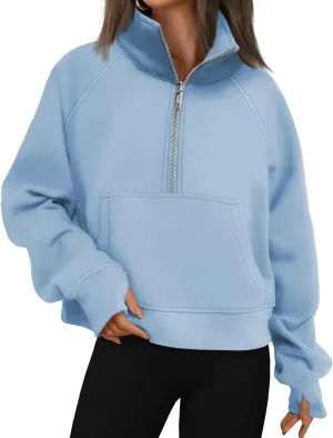 Fall Sweatshirts for Women 2024 Half Zip Cropped Sweatshirt Pullover Fleece Quarter Zip Hoodie Sweatshirt Thumb Hole