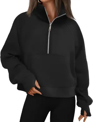 Fall Sweatshirts for Women 2024 Half Zip Cropped Sweatshirt Pullover Fleece Quarter Zip Hoodie Sweatshirt Thumb Hole