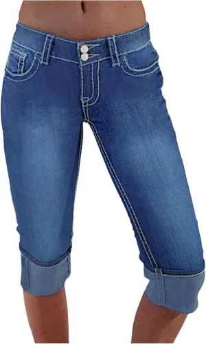 fanmpghleoo Capri Jeans for Women Stretch Low Rise Fold Hem Capri Jeans Skinny Denim Capris with Pockets Casual Cowgirl Pants