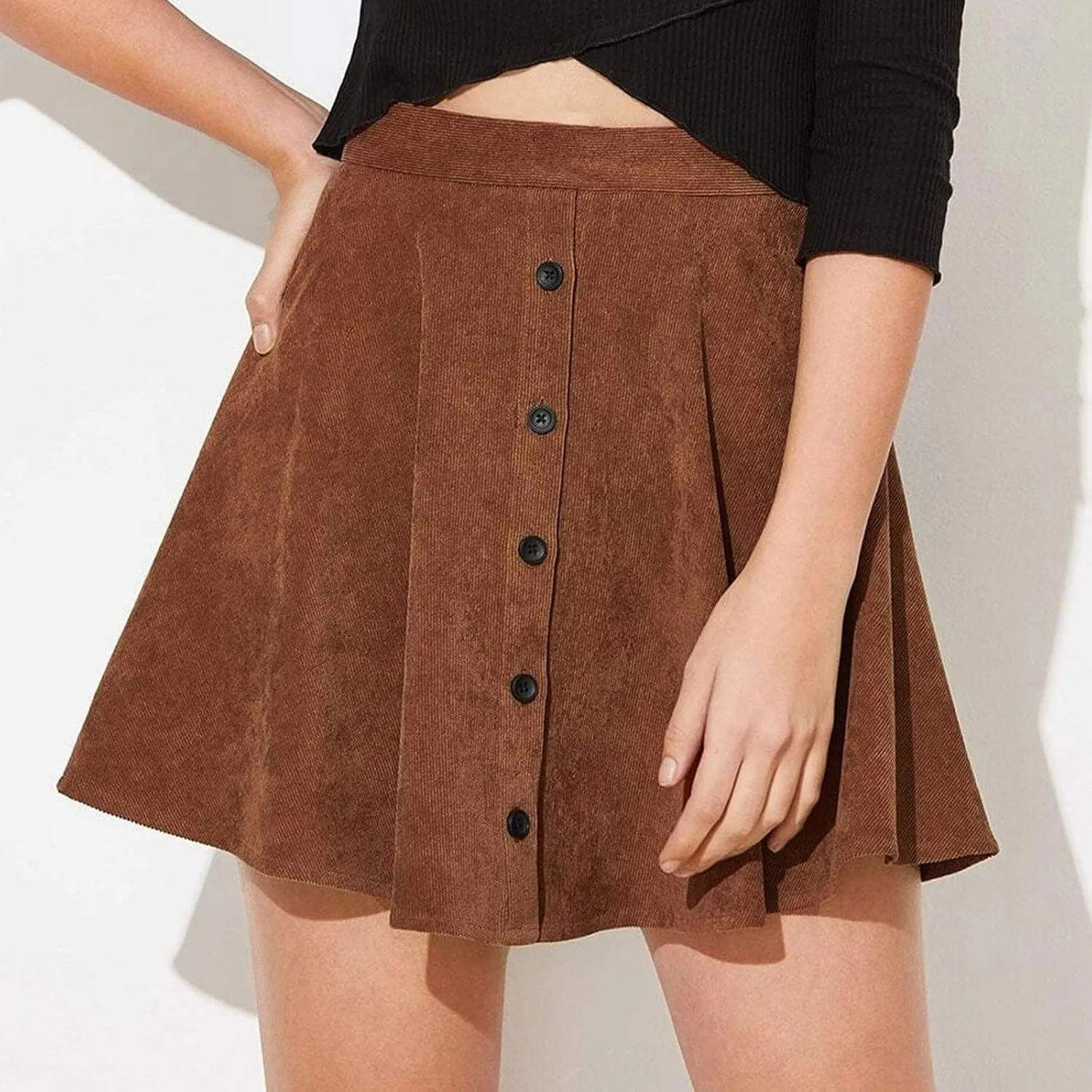 fartey Corduroy Skirt Women High Waist Button Front Mini Fall Skirts Elegant A-Line Pleated Skater Skirts Trendy Y2K Clothes