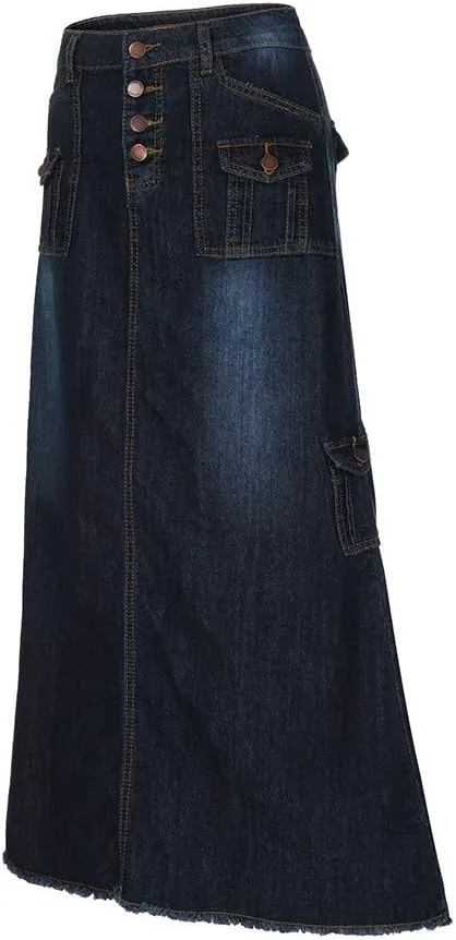Fashion Straight Maxi Skirt for Women Trendy Long Mid Waist Womens Denim Button Front Pocket Maxi Skirts Trendy plus Size