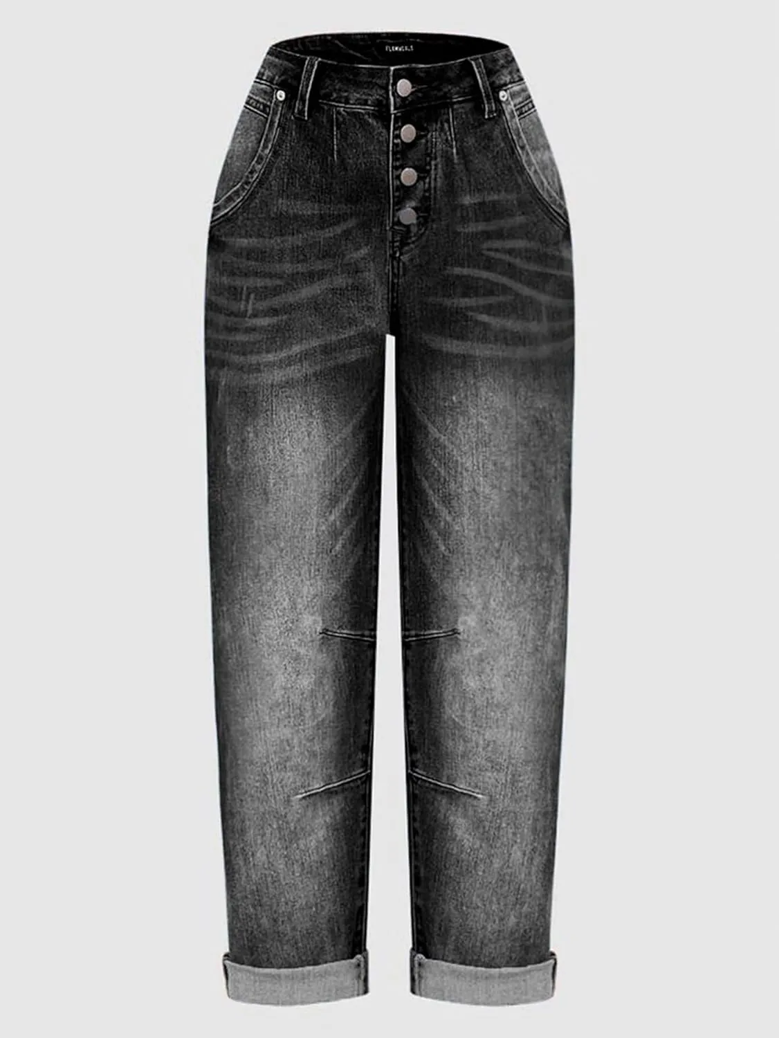Flamingals Women's Stretchy Straight Leg Casual Low Rise Jeans Wash Button Fly Stitch Detail 90s Trendy Denim Jeans