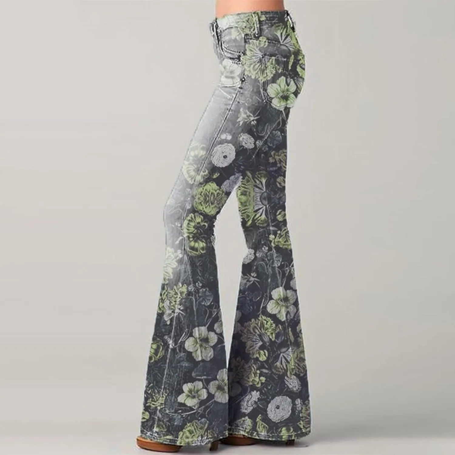 Flare Jeans for Women High Waisted Flattering Gradient Color Patchwork Denim Trouser Button Zipper Comfy Skinny Jeans