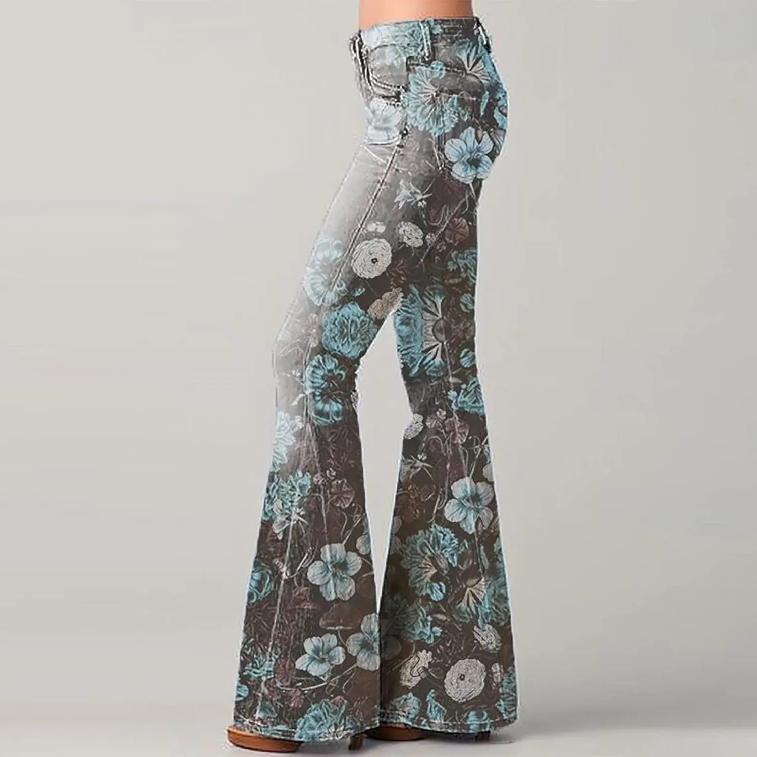 Flare Jeans for Women High Waisted Flattering Gradient Color Patchwork Denim Trouser Button Zipper Comfy Skinny Jeans
