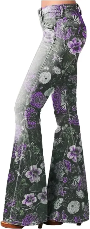 Flare Jeans for Women High Waisted Flattering Gradient Color Patchwork Denim Trouser Button Zipper Comfy Skinny Jeans