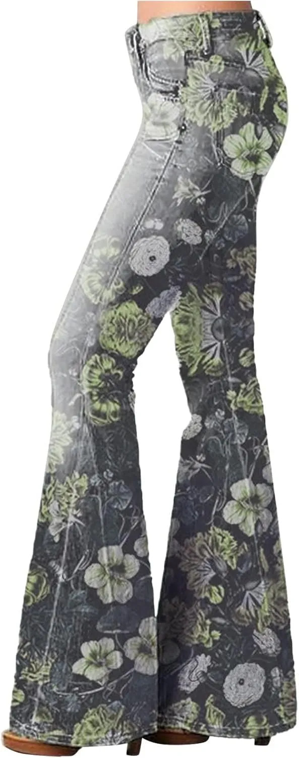Flare Jeans for Women High Waisted Flattering Gradient Color Patchwork Denim Trouser Button Zipper Comfy Skinny Jeans