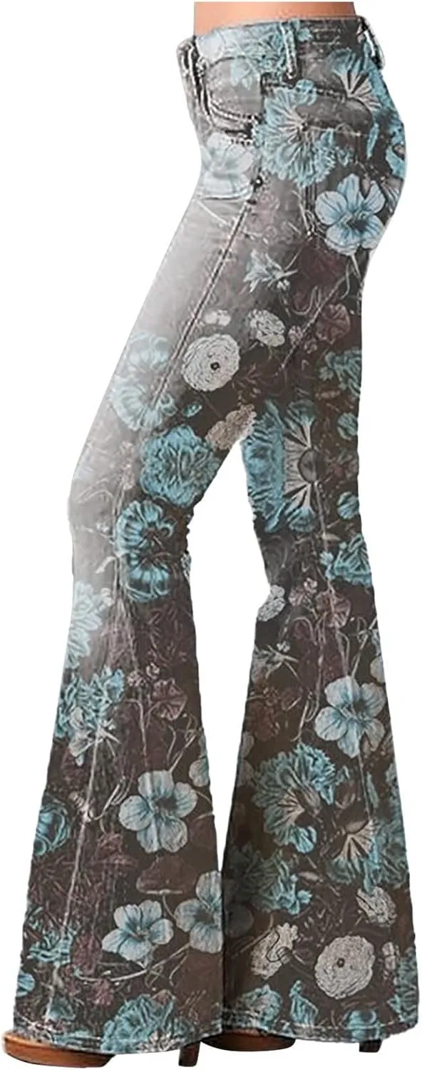 Flare Jeans for Women High Waisted Flattering Gradient Color Patchwork Denim Trouser Button Zipper Comfy Skinny Jeans