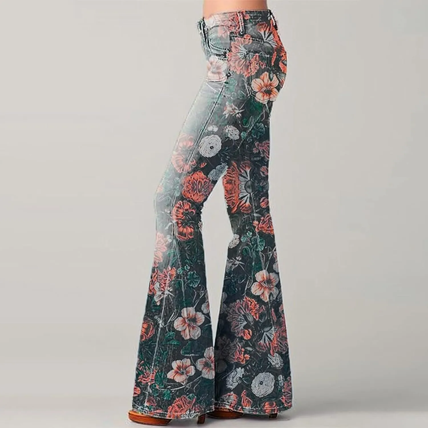 Flare Jeans for Women High Waisted Flattering Gradient Color Patchwork Denim Trouser Button Zipper Comfy Skinny Jeans
