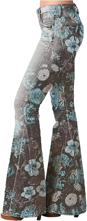 Flare Jeans for Women High Waisted Flattering Gradient Color Patchwork Denim Trouser Button Zipper Comfy Skinny Jeans