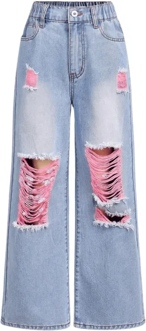 Floerns Girls Elastic Waist Distressed Ripped Straight Leg Denim Jeans