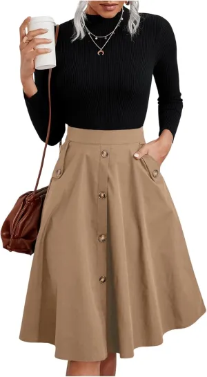 Floerns Women's Solid High Waisted Flare Skirt Button Front Pleated Vintage Skirts