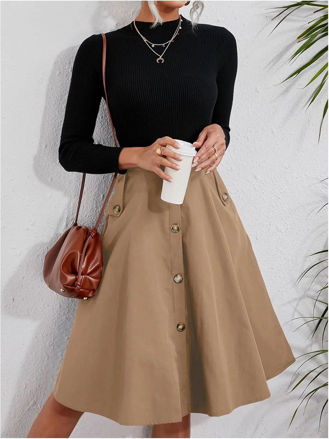 Floerns Women's Solid High Waisted Flare Skirt Button Front Pleated Vintage Skirts