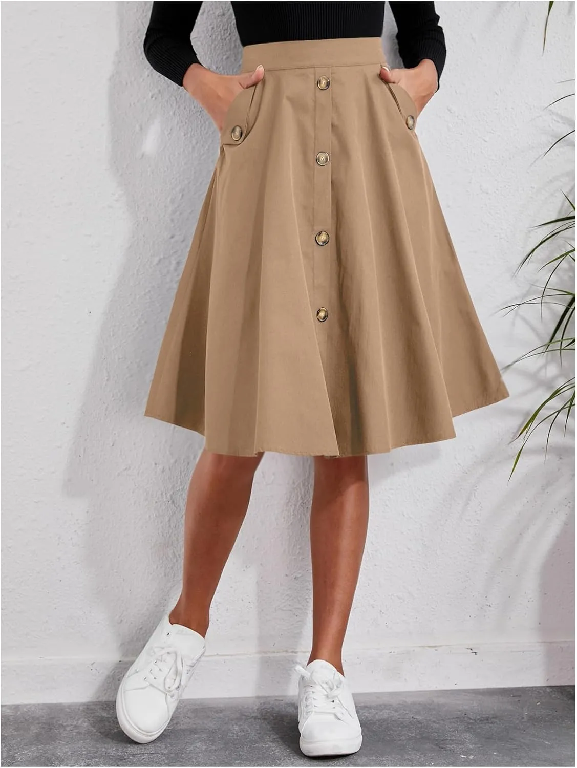 Floerns Women's Solid High Waisted Flare Skirt Button Front Pleated Vintage Skirts