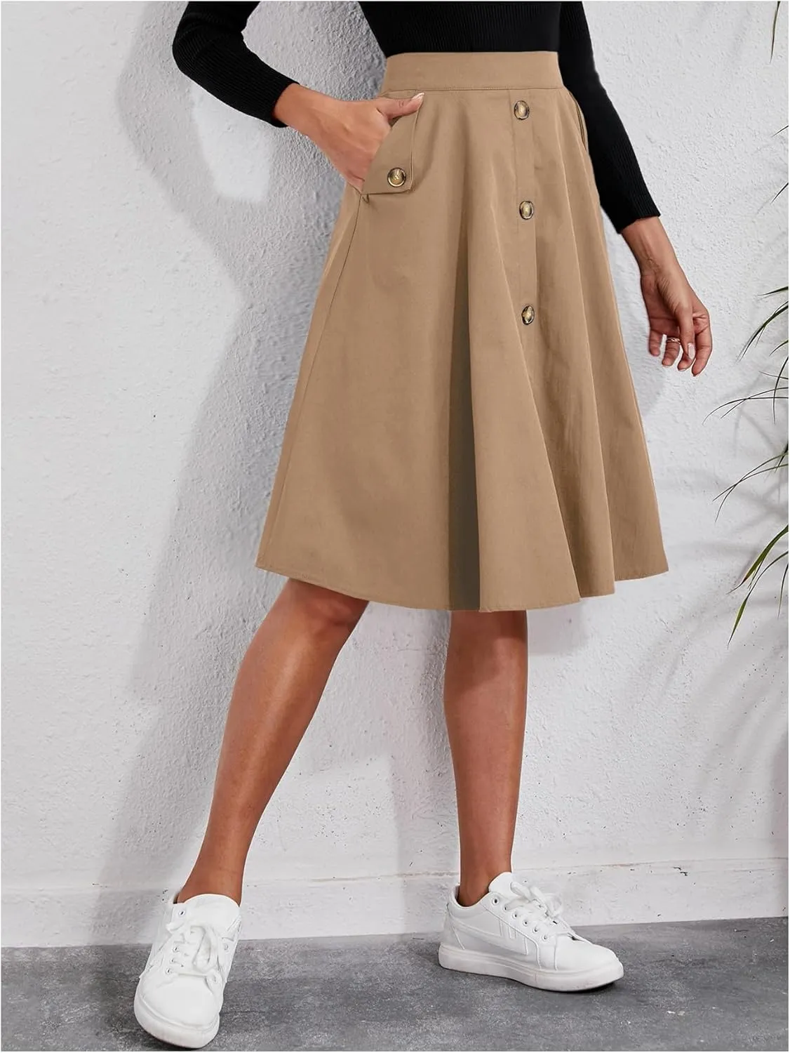 Floerns Women's Solid High Waisted Flare Skirt Button Front Pleated Vintage Skirts