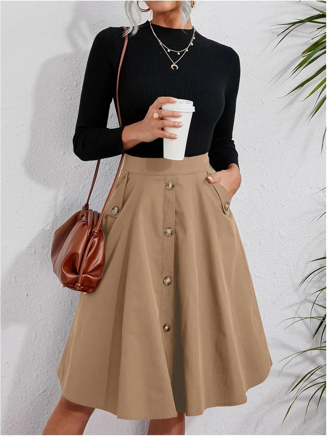 Floerns Women's Solid High Waisted Flare Skirt Button Front Pleated Vintage Skirts