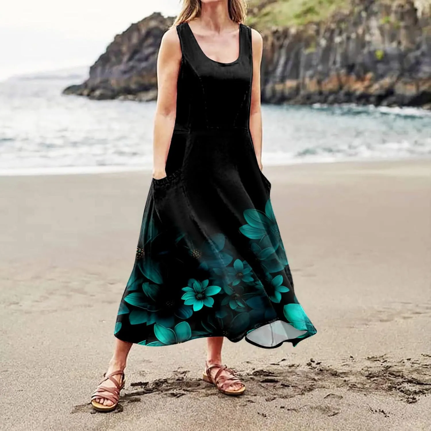Floral Dress for Women Bohemian Baggy Flower Print Sleeveless Scoop Neck Linen Dress Wedding Retro Cowgirl Outfits for Women