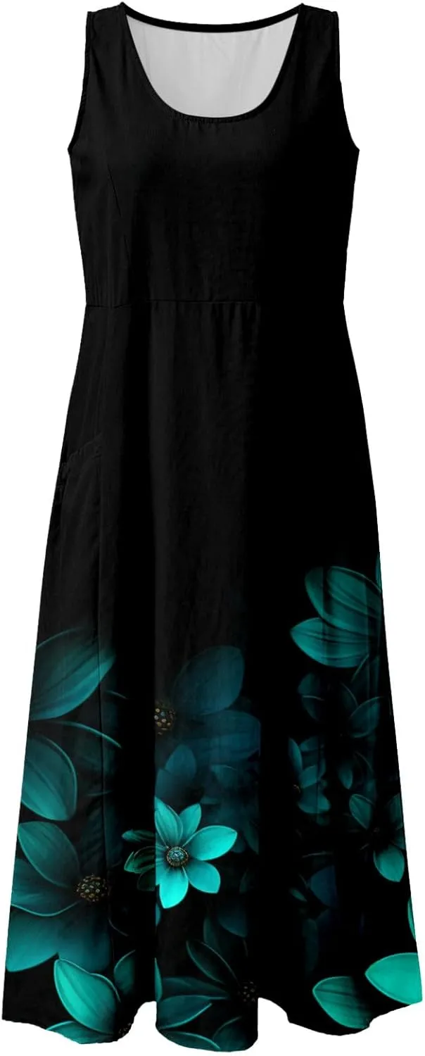 Floral Dress for Women Bohemian Baggy Flower Print Sleeveless Scoop Neck Linen Dress Wedding Retro Cowgirl Outfits for Women