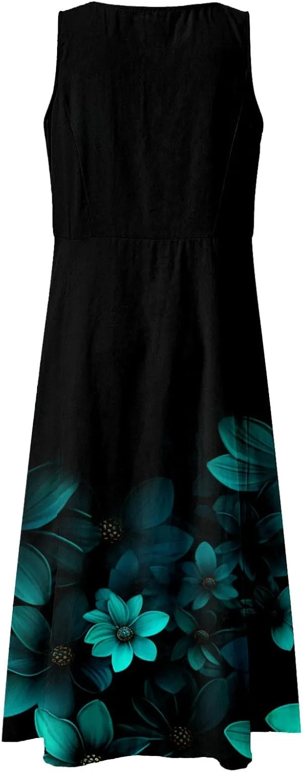 Floral Dress for Women Bohemian Baggy Flower Print Sleeveless Scoop Neck Linen Dress Wedding Retro Cowgirl Outfits for Women