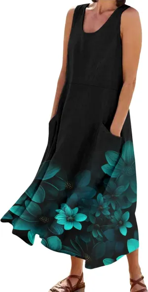 Floral Dress for Women Bohemian Baggy Flower Print Sleeveless Scoop Neck Linen Dress Wedding Retro Cowgirl Outfits for Women