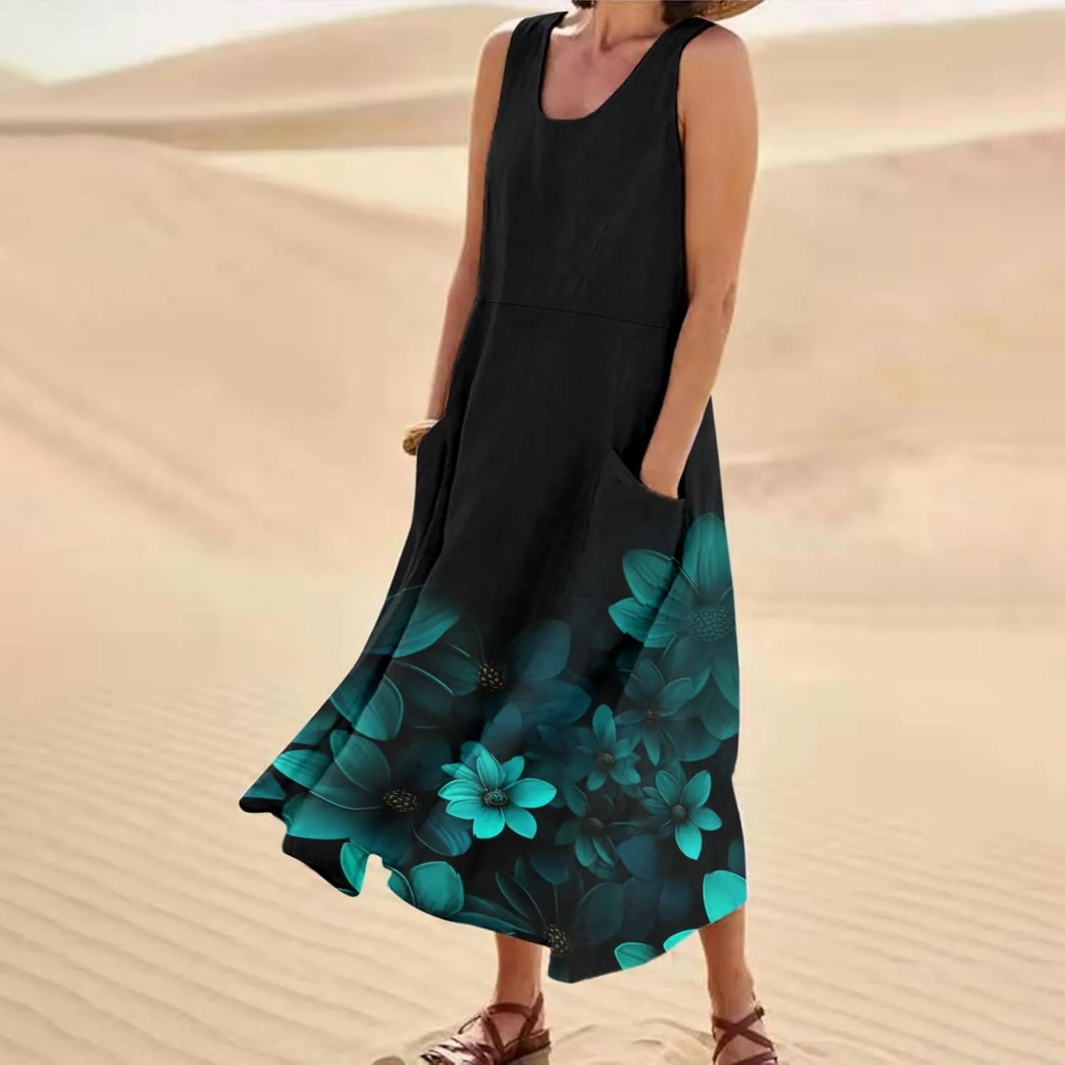 Floral Dress for Women Bohemian Baggy Flower Print Sleeveless Scoop Neck Linen Dress Wedding Retro Cowgirl Outfits for Women