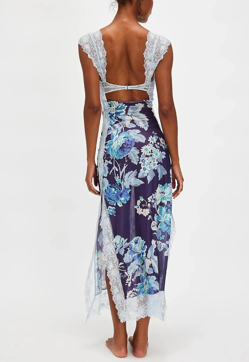 Floral Lace Maxi Slip Dress Summer Sleeveless Backless Bodycon Dress Cut Out Spaghetti Strap Long Dress