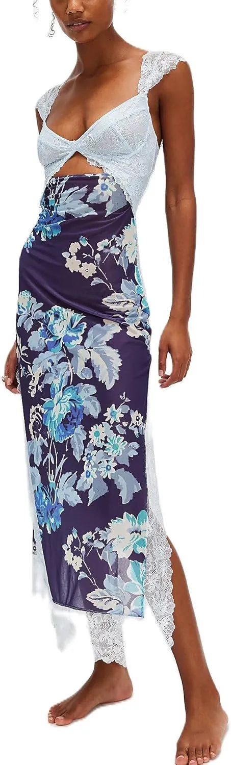 Floral Lace Maxi Slip Dress Summer Sleeveless Backless Bodycon Dress Cut Out Spaghetti Strap Long Dress