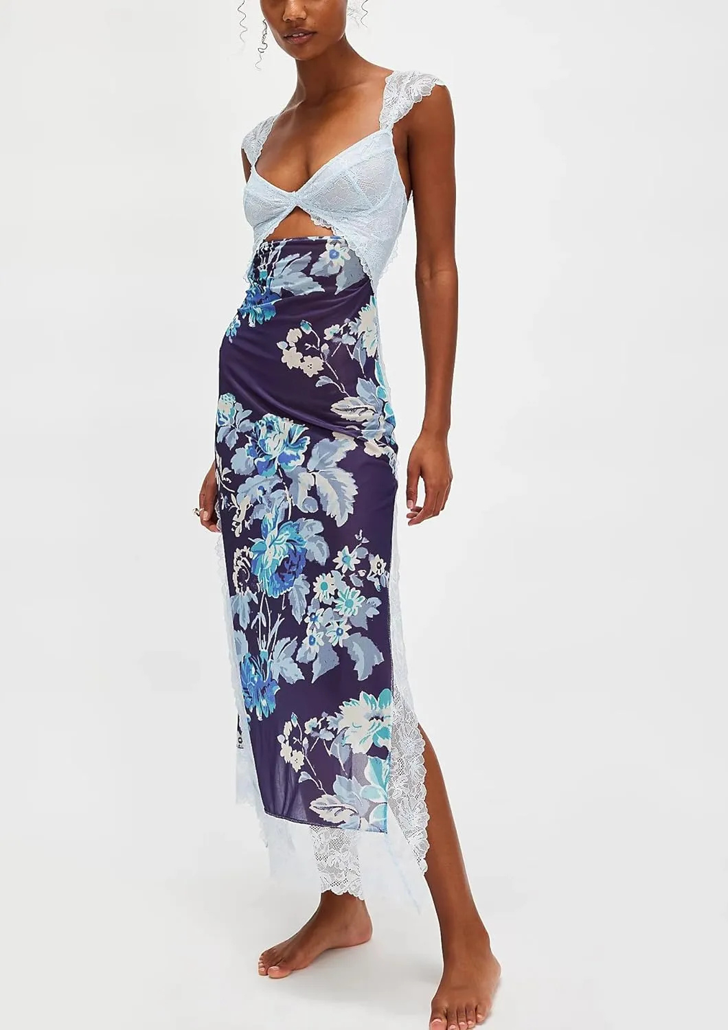 Floral Lace Maxi Slip Dress Summer Sleeveless Backless Bodycon Dress Cut Out Spaghetti Strap Long Dress
