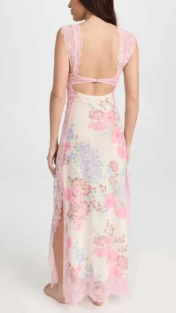 Floral Lace Maxi Slip Dress Summer Sleeveless Backless Bodycon Dress Cut Out Spaghetti Strap Long Dress