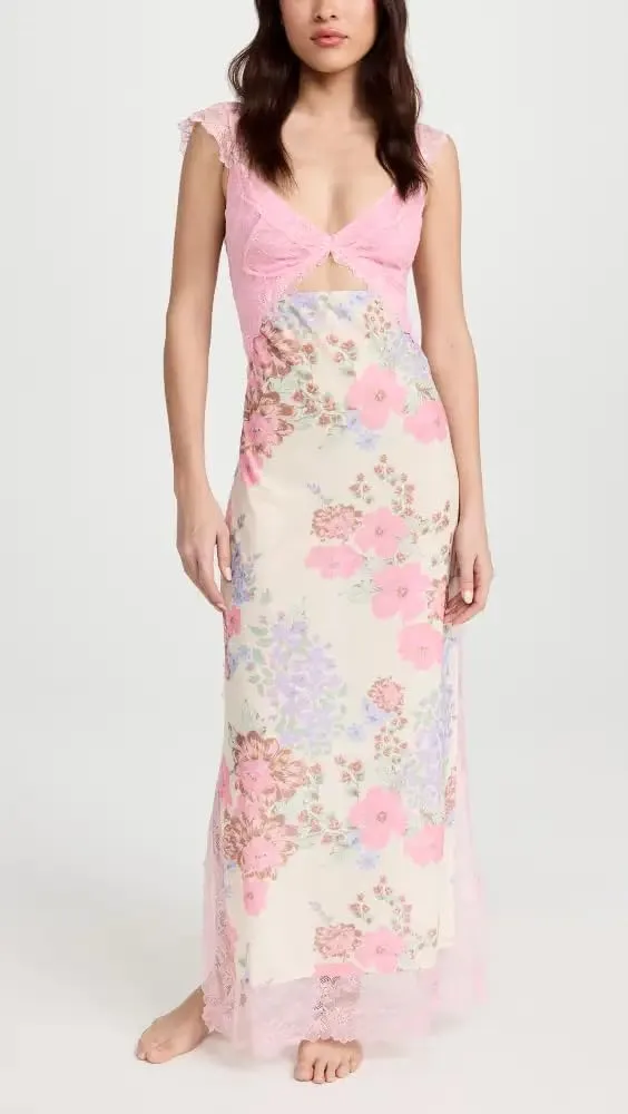Floral Lace Maxi Slip Dress Summer Sleeveless Backless Bodycon Dress Cut Out Spaghetti Strap Long Dress