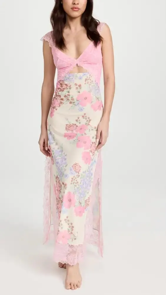 Floral Lace Maxi Slip Dress Summer Sleeveless Backless Bodycon Dress Cut Out Spaghetti Strap Long Dress