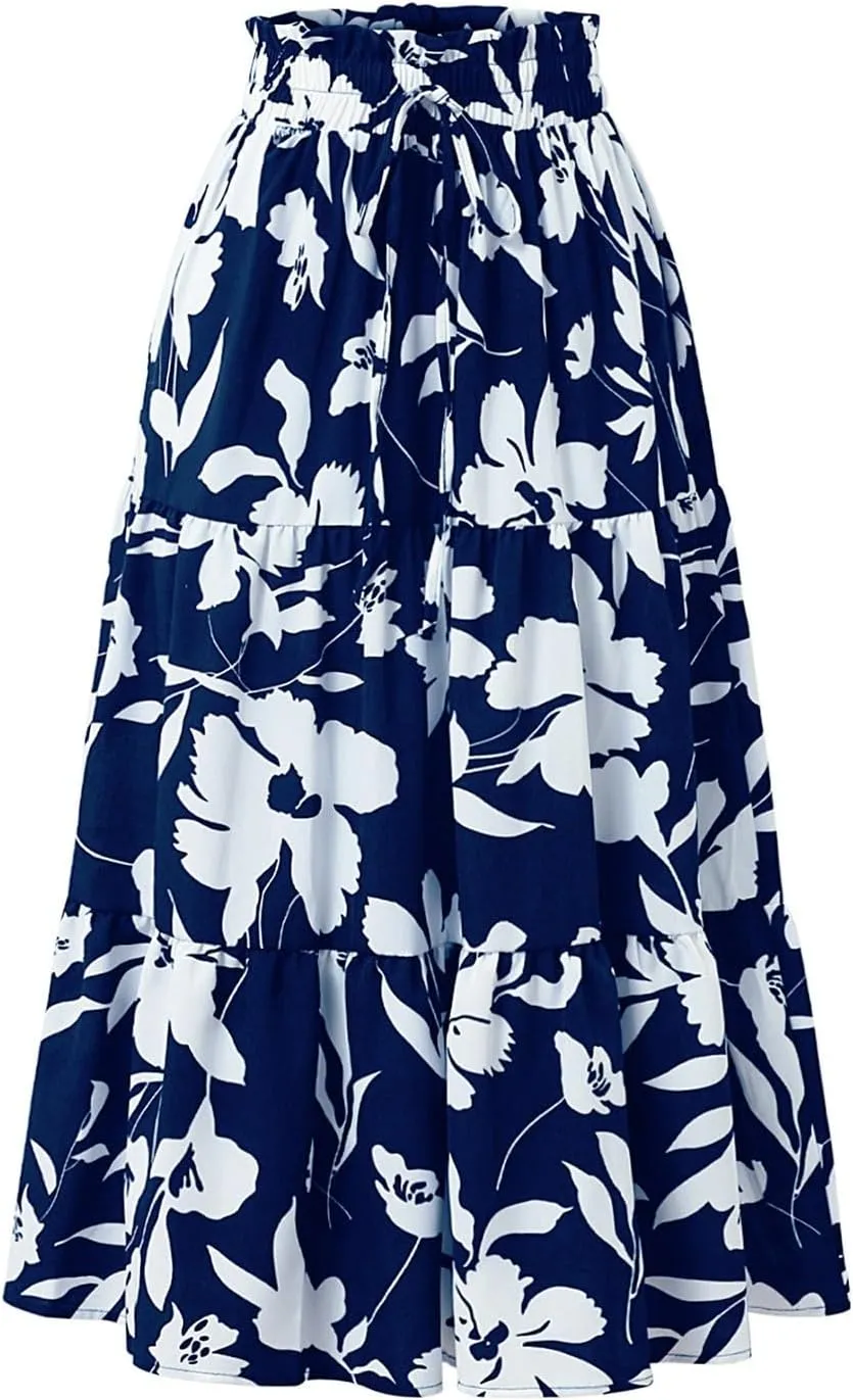 Floral Pleated Skirts for Women Drawstring High Waist Boho Maxi Skirts Summer Flowy Tiered Pleated Beach A Line Skirt