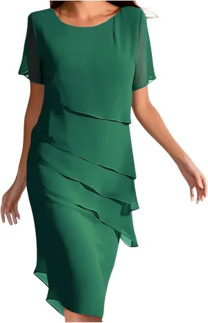 Flowy Chiffon Dresses for Women Elegant Layer Tiered Short Sleeve Wrap Dress for Prom Solid Bump Friendly Clothes