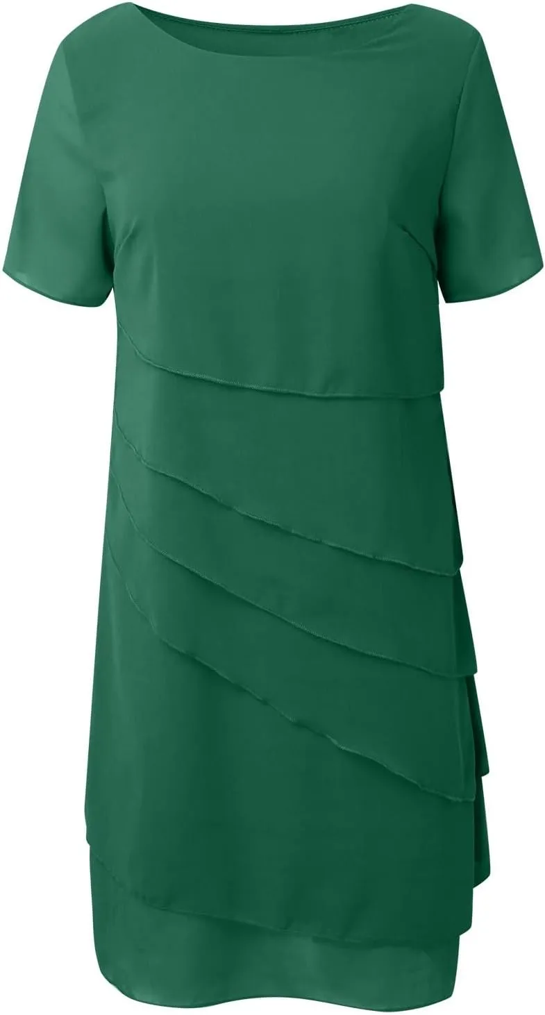 Flowy Chiffon Dresses for Women Elegant Layer Tiered Short Sleeve Wrap Dress for Prom Solid Bump Friendly Clothes