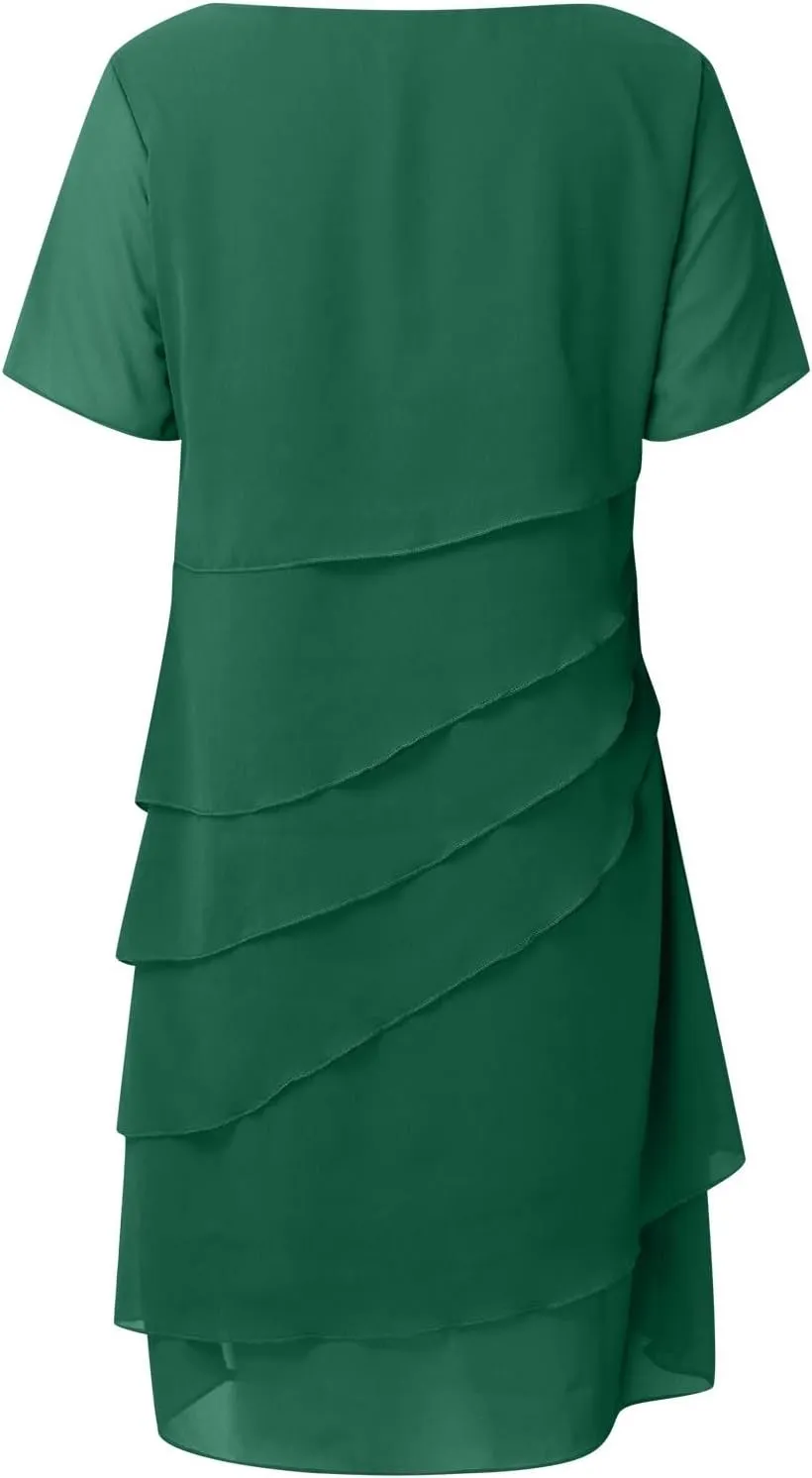 Flowy Chiffon Dresses for Women Elegant Layer Tiered Short Sleeve Wrap Dress for Prom Solid Bump Friendly Clothes